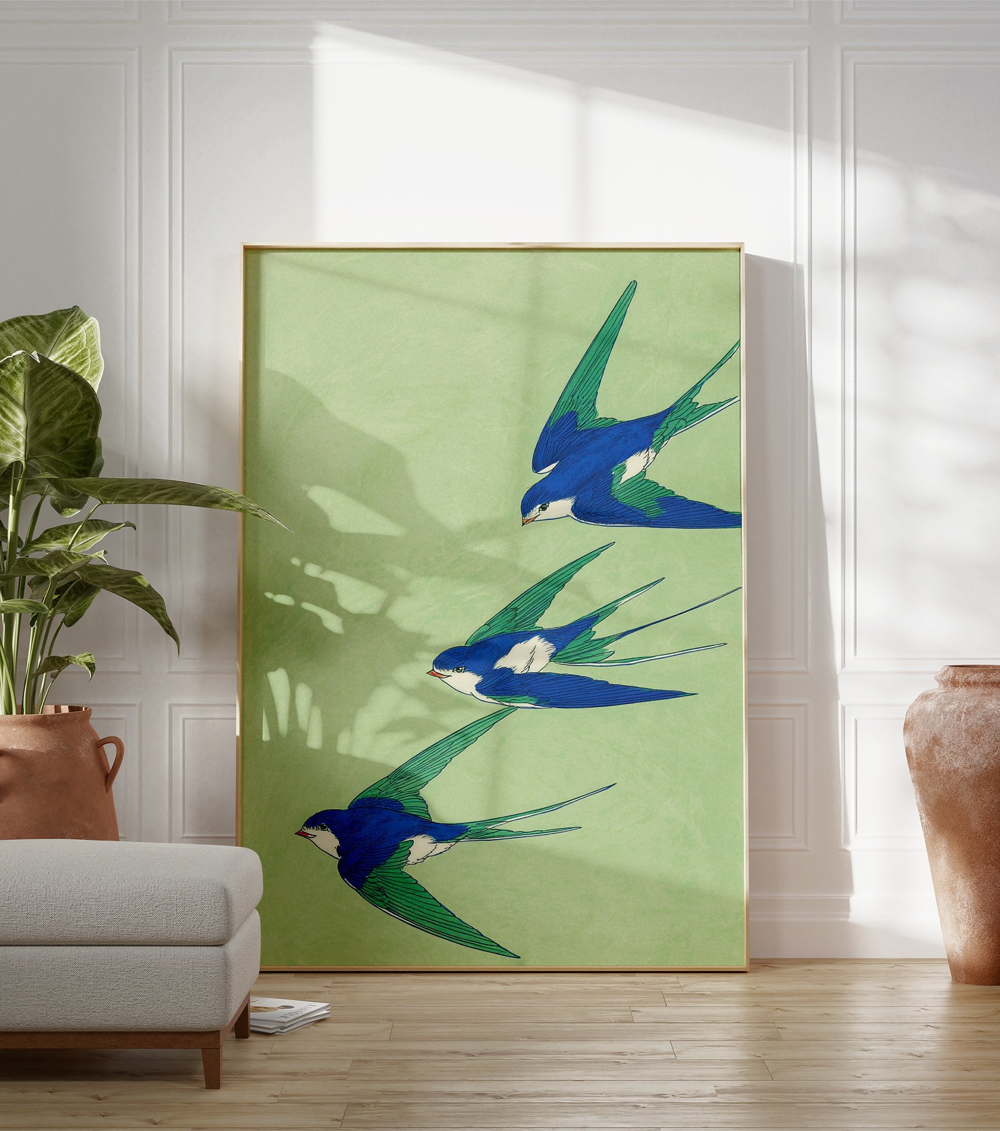 Three blue and green swallows in flight on a light green background, Japanese style swallow wall art print. - Image 3