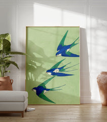 Three blue and green swallows in flight on a light green background, Japanese style swallow wall art print. - Image 3