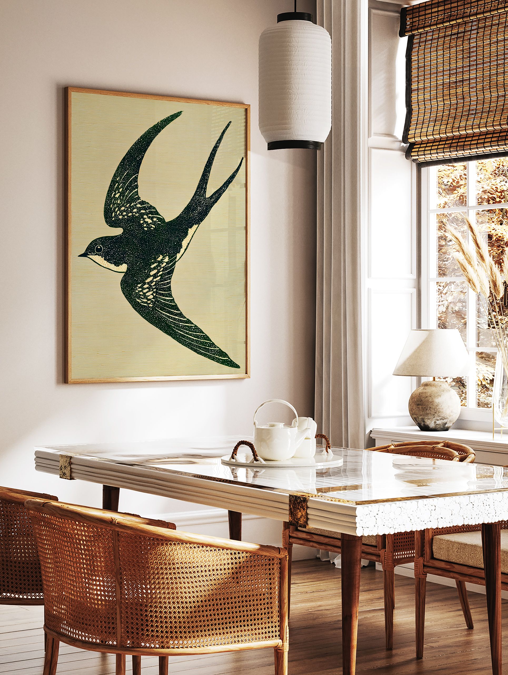 Illustrative art print of a dark green swallow bird in flight with white speckles against a light beige textured background. - Image 2