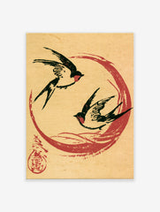 Two black swallows flying within a red circle on a tan paper background, Japanese-style art print