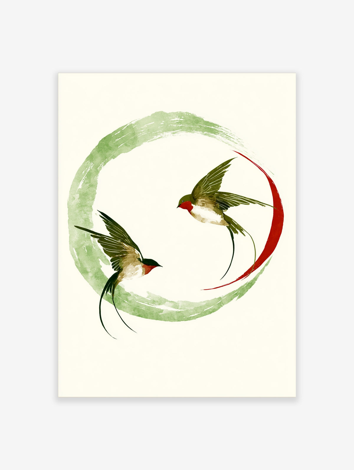 Swallow wall art print with two birds in flight inside a green ink wash circle and red arc on off-white background