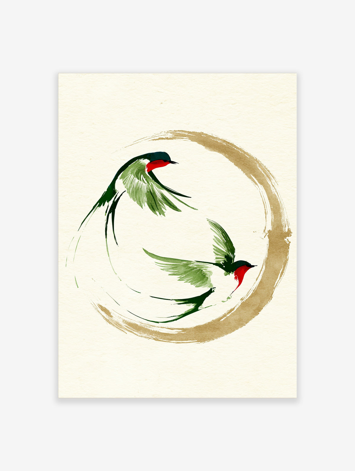 Two swallows in ink-wash style flying within a gold enso circle, Japanese minimalist art print on cream background