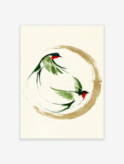 Two swallows in ink-wash style flying within a gold enso circle, Japanese minimalist art print on cream background