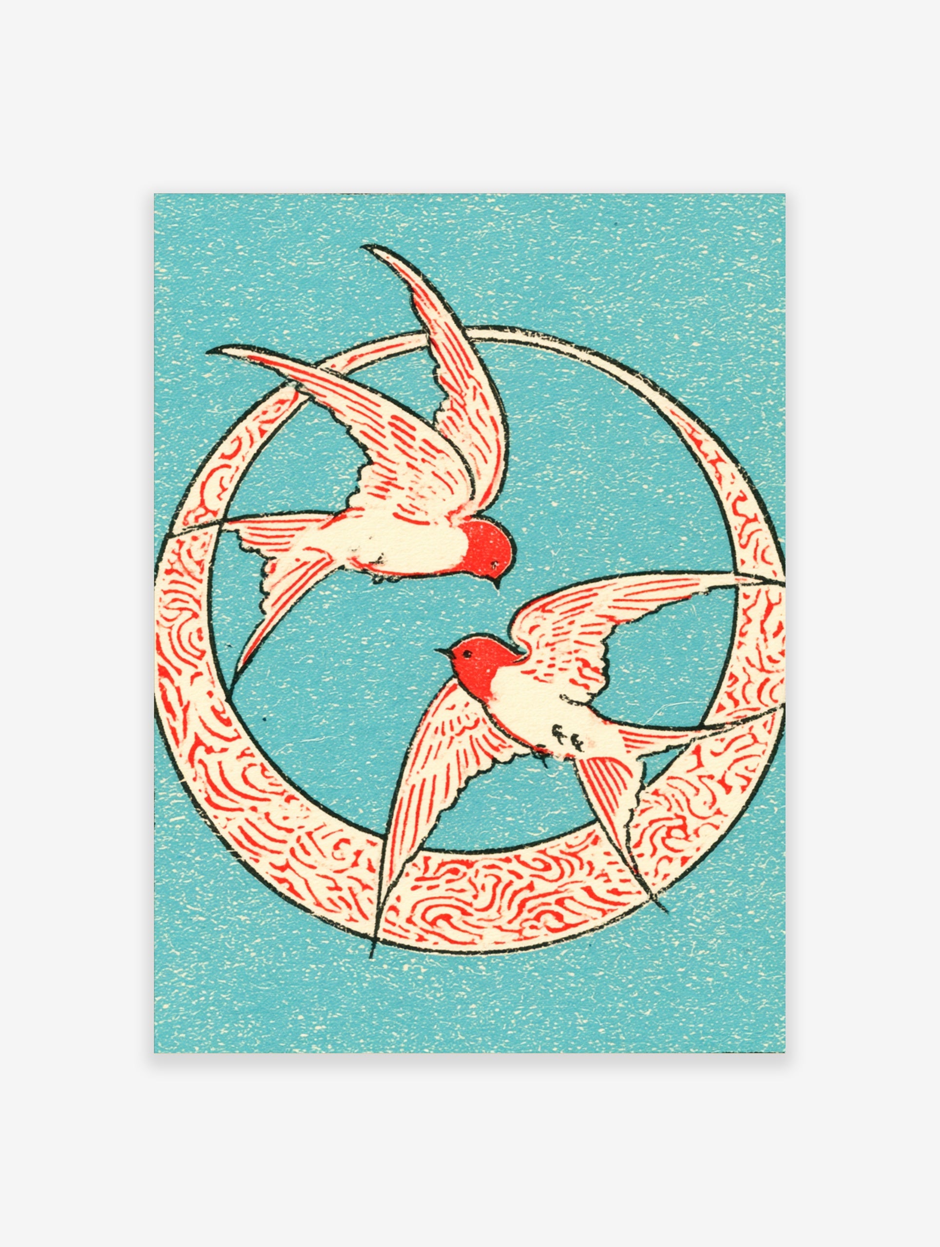 Two swallows in red and cream flying inside a circular patterned frame on a blue background, Japanese style art print