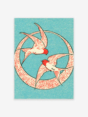 Two swallows in red and cream flying inside a circular patterned frame on a blue background, Japanese style art print