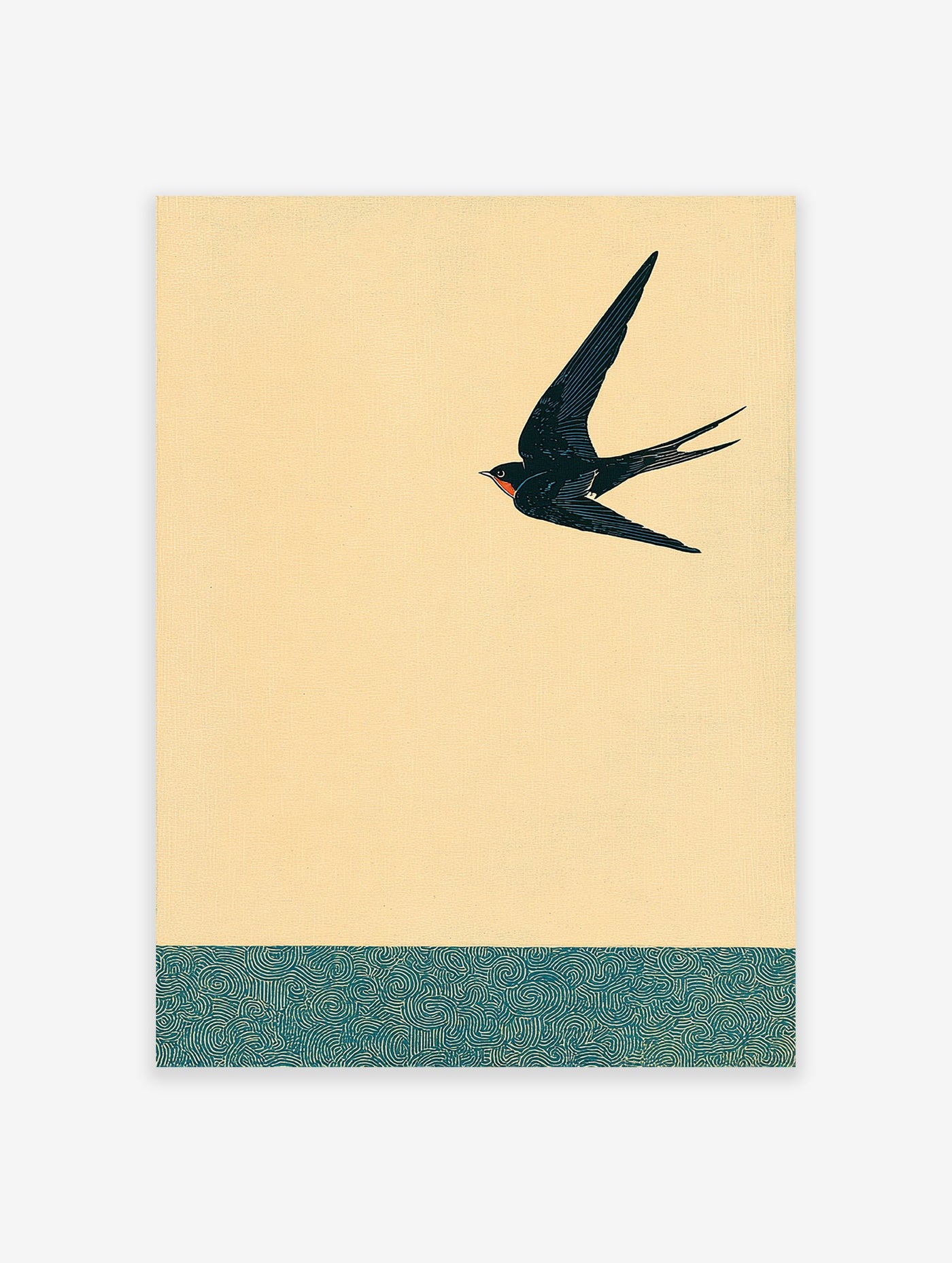 Japanese style art print featuring a black swallow flying against a yellow sky above a teal patterned band.
