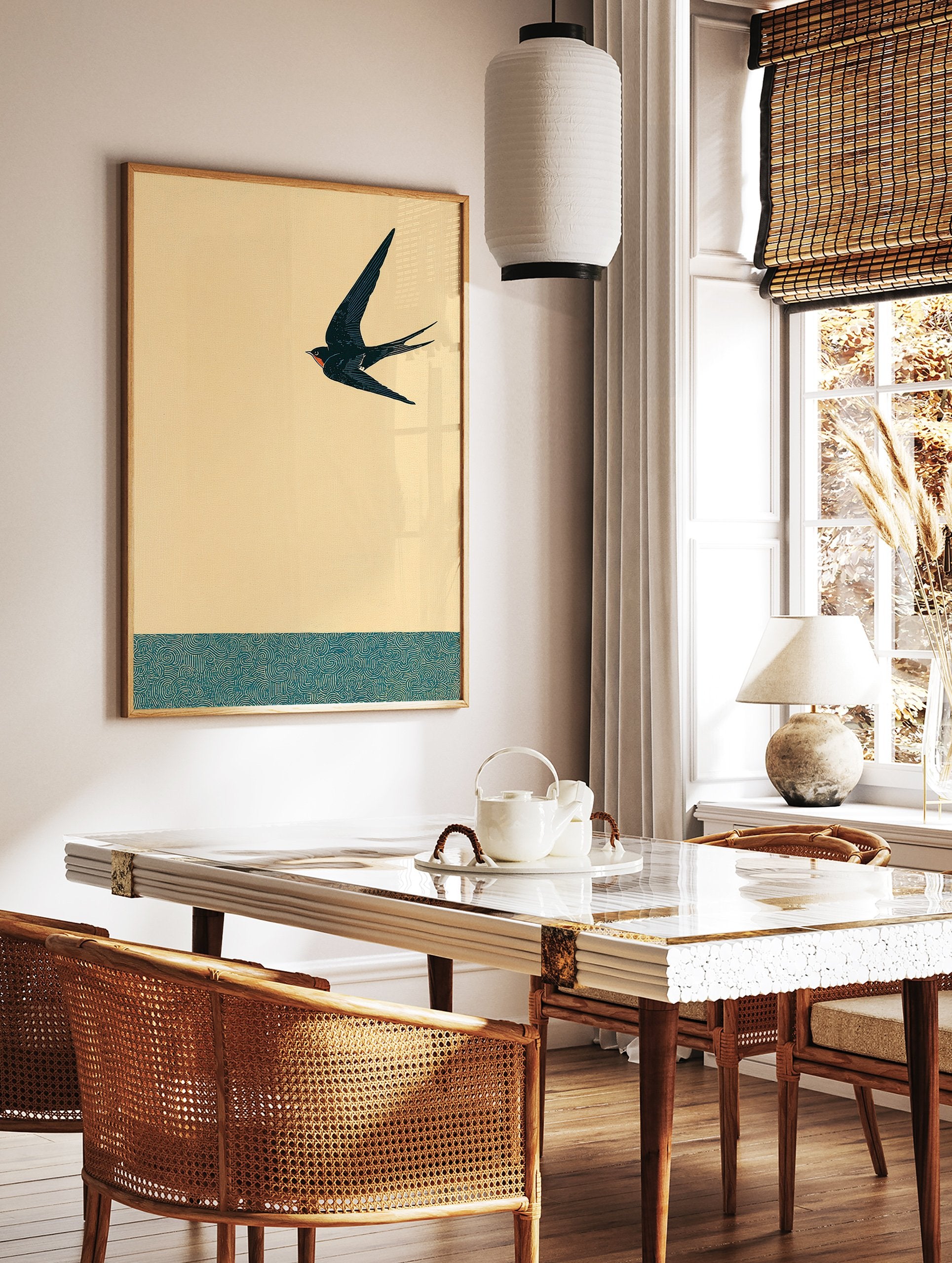 Japanese style art print featuring a black swallow flying against a yellow sky above a teal patterned band. - Image 2