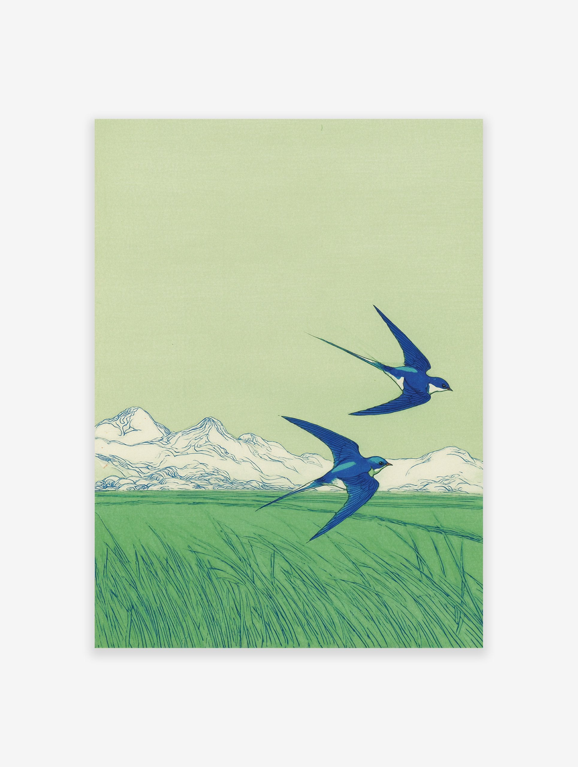 Two blue swallows flying over a green field with distant mountains, in a Japanese-inspired illustration style art print.