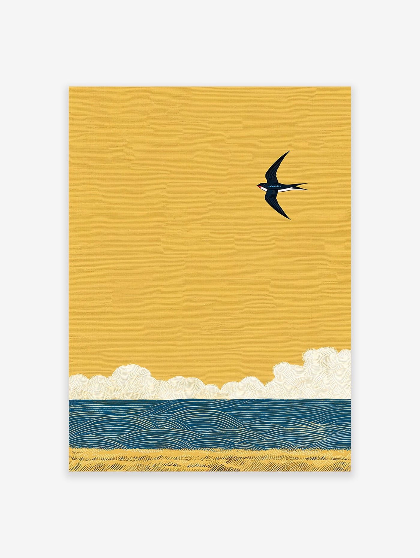 Minimalist swallow bird wall art flying over blue ocean waves and golden sand under a vibrant yellow sky illustration.