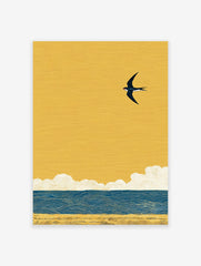 Minimalist swallow bird wall art flying over blue ocean waves and golden sand under a vibrant yellow sky illustration.
