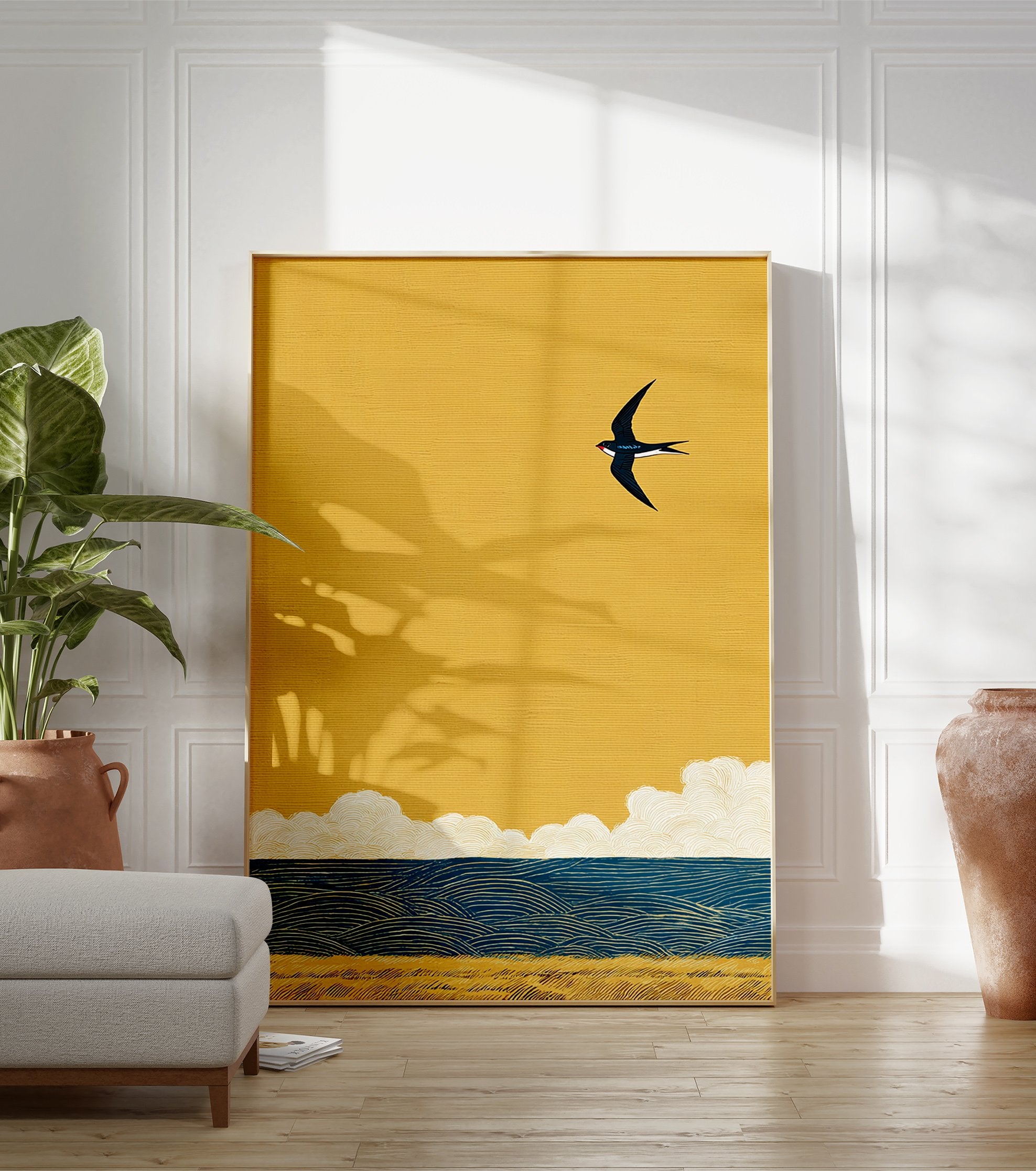 Minimalist swallow bird wall art flying over blue ocean waves and golden sand under a vibrant yellow sky illustration. - Image 3