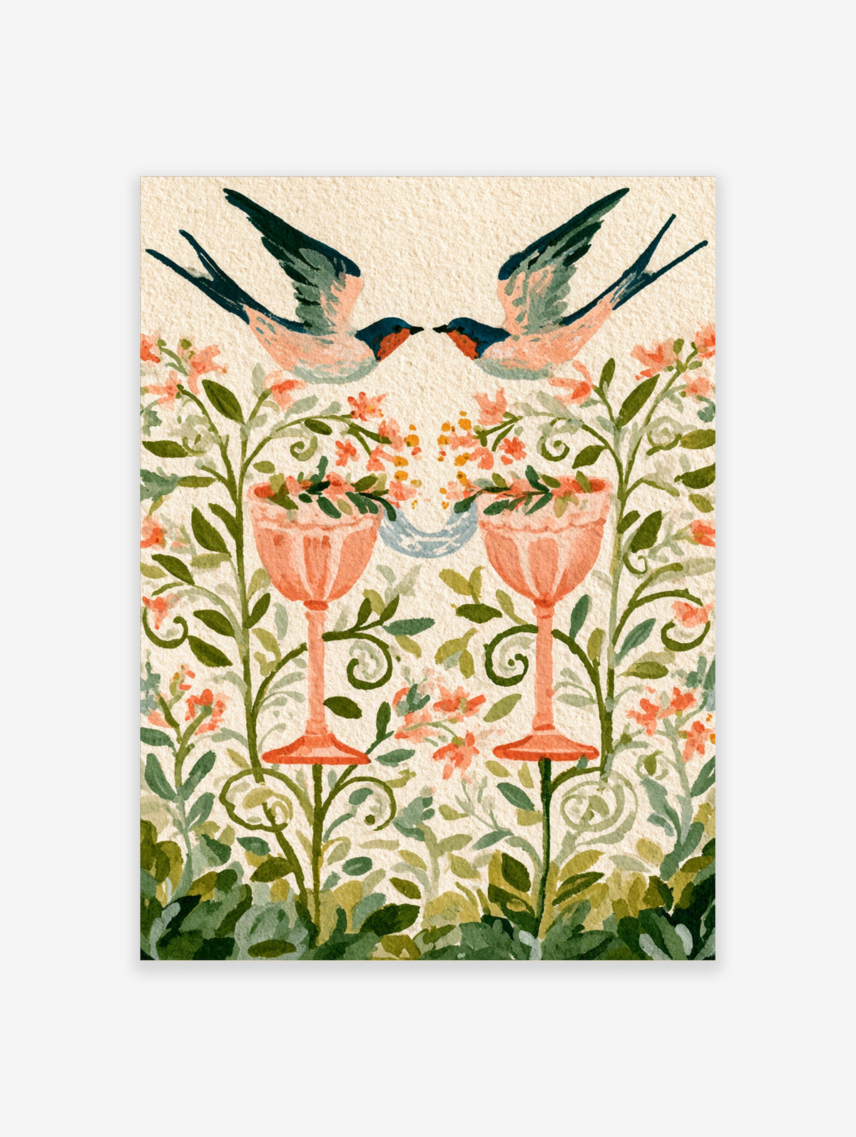 Symmetrical swallow art print with two birds facing coral goblets and green foliage