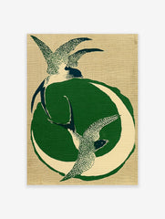 Stylised illustration of two swallows in flight with a green crescent moon on a textured tan background