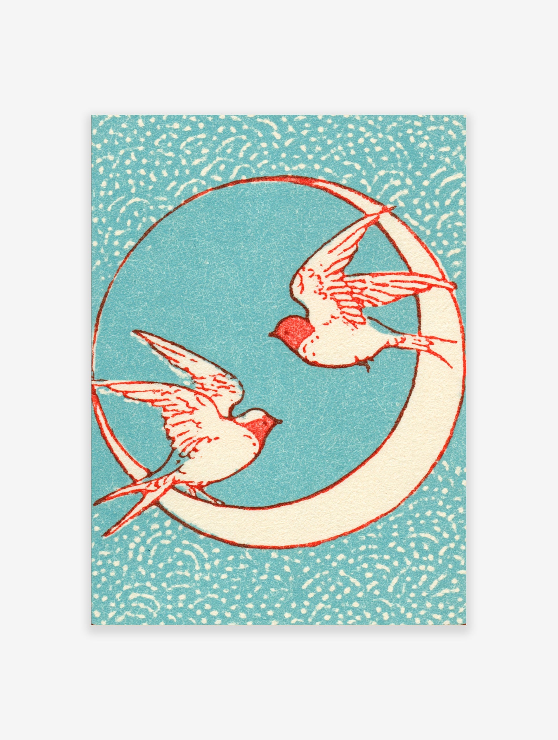 Vintage-style illustrative print of two swallows flying around a crescent moon against a speckled blue background
