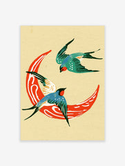 Two swallows flying around a red crescent moon, illustrative style print on cream background