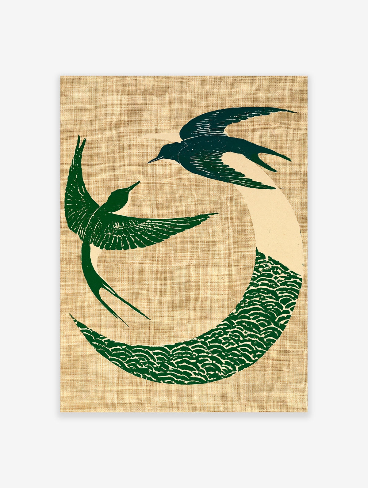 Circular art print of two green swallows in flight with a wave motif on a textured beige background
