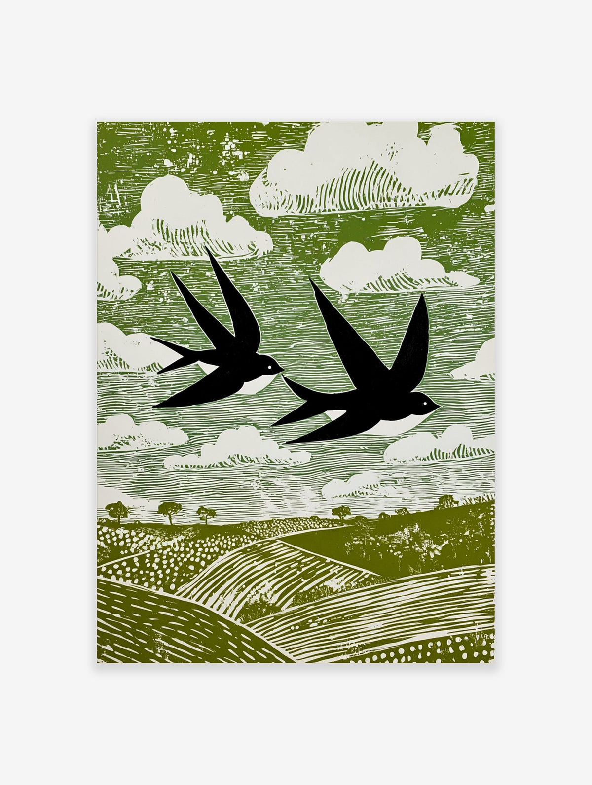 Stylised linocut print of two black swallows flying over green fields and white clouds in a green sky