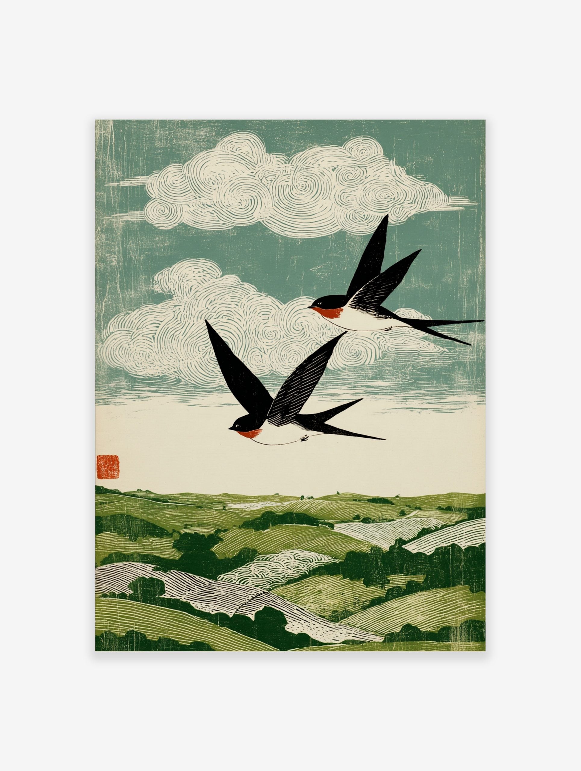 Woodblock style print of two black and white swallows with red throats flying over green rolling hills and swirling clouds