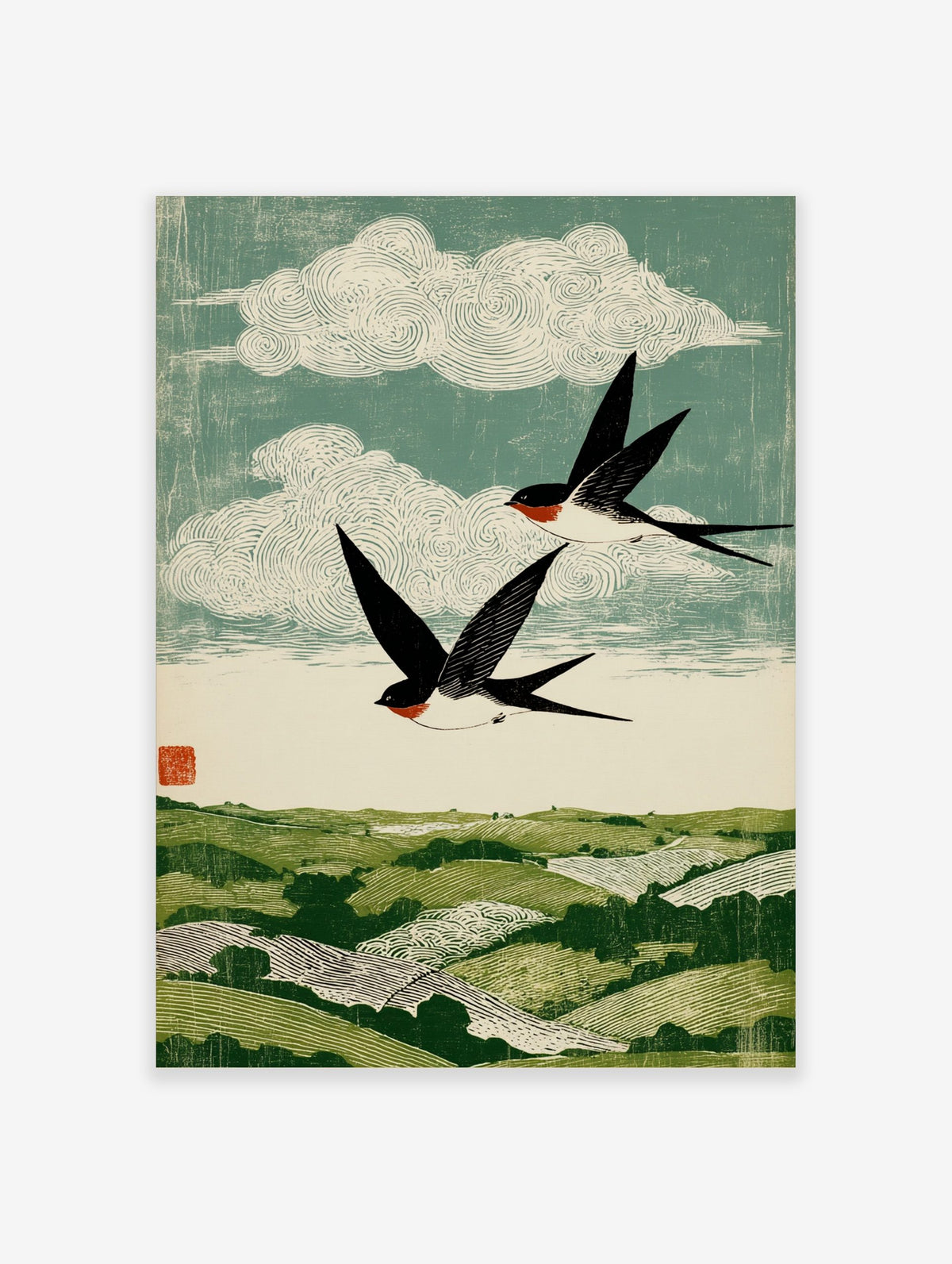 Woodblock style print of two black and white swallows with red throats flying over green rolling hills and swirling clouds