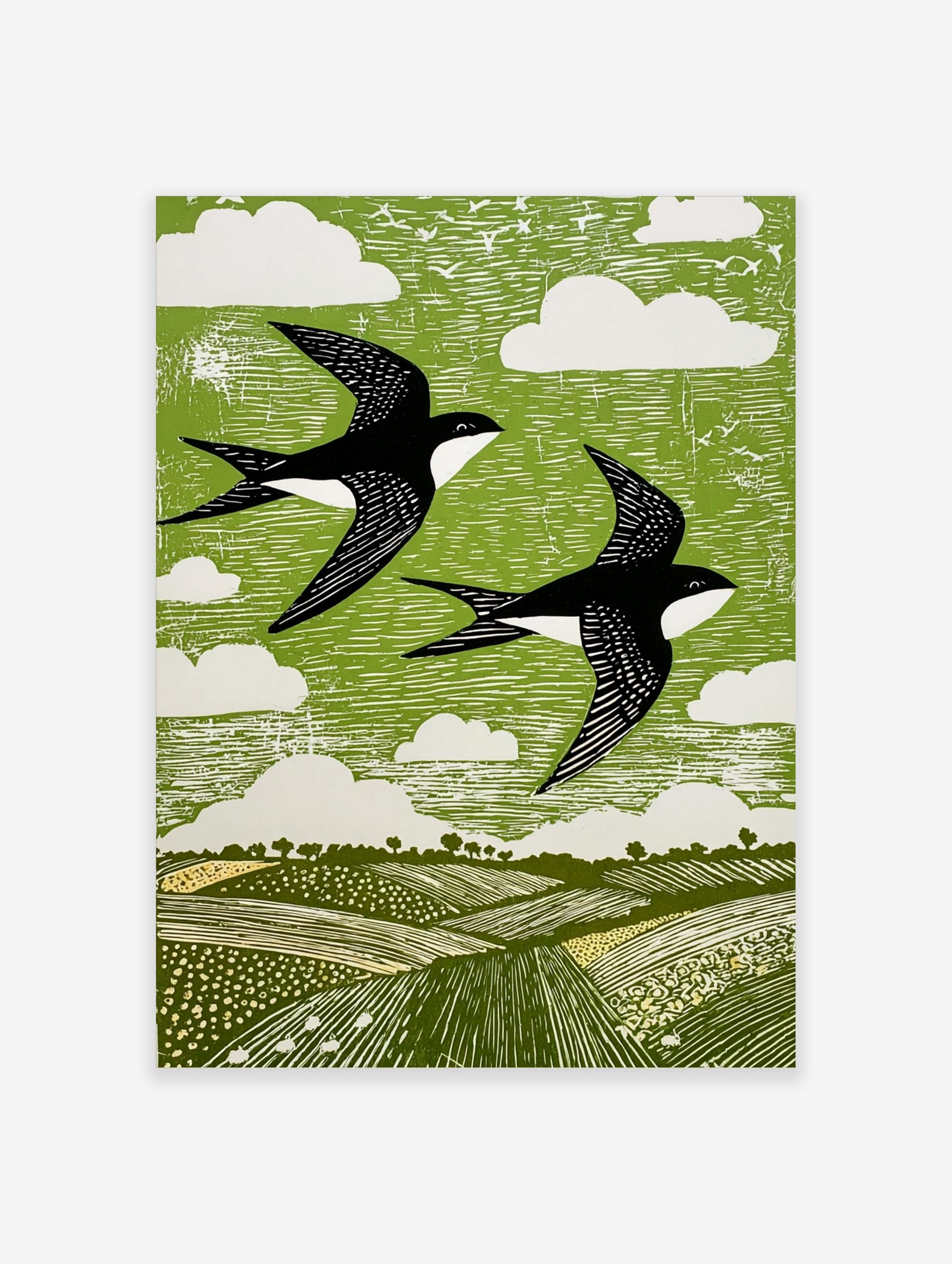 Linocut style print of two black and white swallows flying over green fields and sky with white clouds