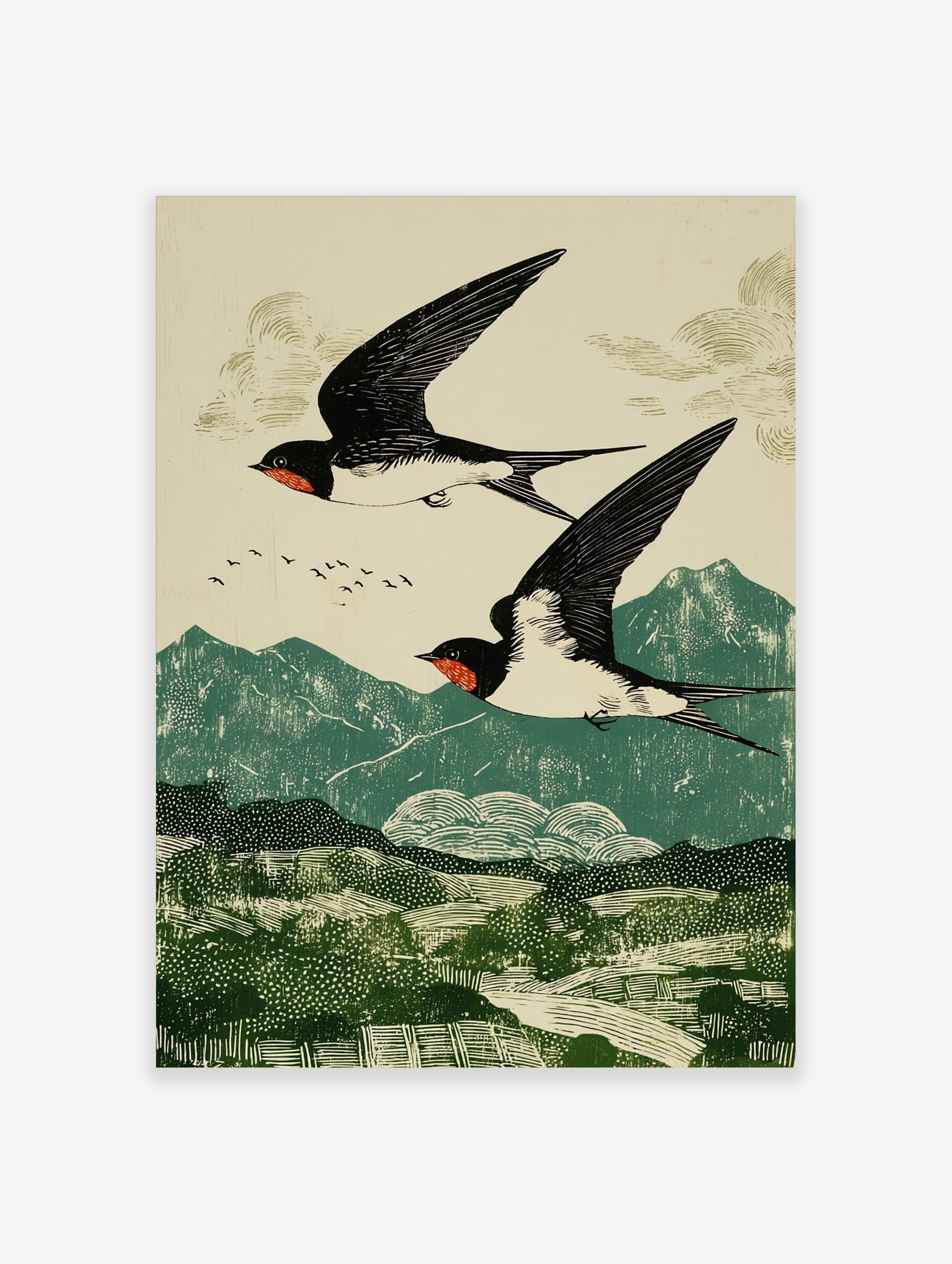 Two black and white swallows with red markings flying over green mountains in a woodblock print style