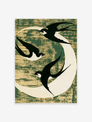 Three black swallows flying against a white moon on a textured dark green background, minimalist nature art print