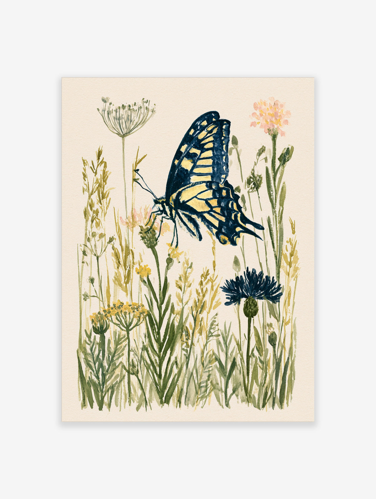 Swallowtail butterfly and wildflowers watercolour art print on beige background