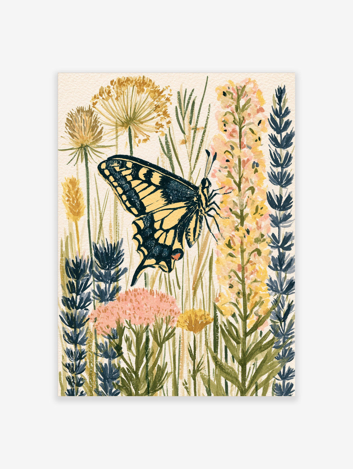 Swallowtail butterfly poster with yellow and black wings among wildflowers and blue lavender
