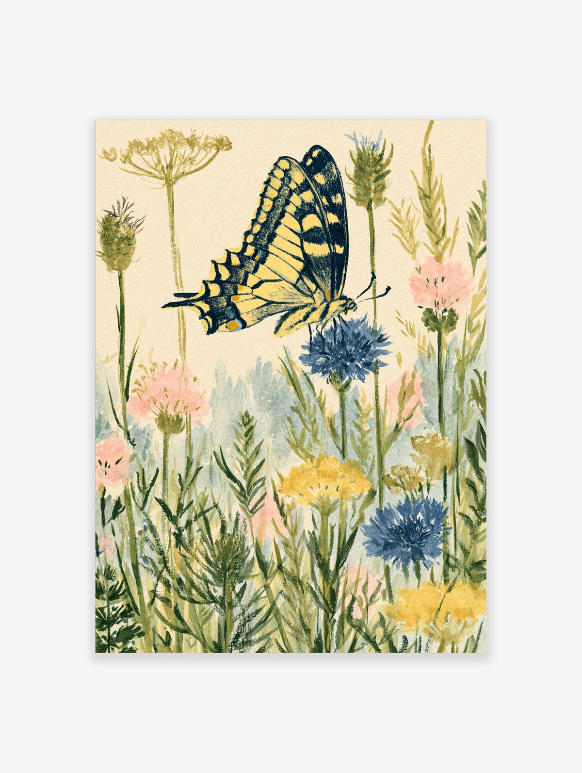 Swallowtail butterfly and wildflower meadow art print with blue cornflowers and pink blooms on cream background