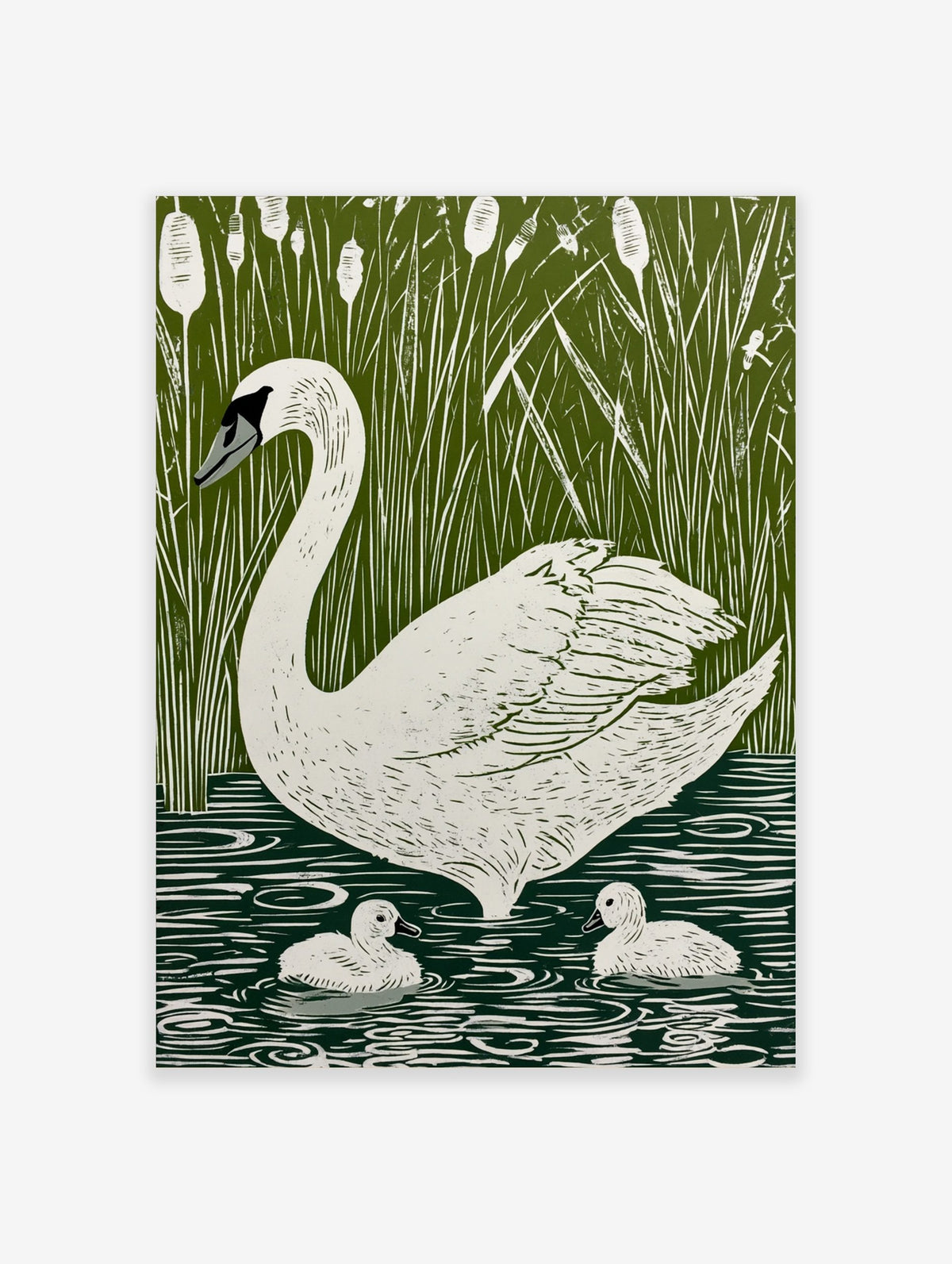White swan and two cygnets swimming in green water with tall reeds and cattails in illustrative linocut style