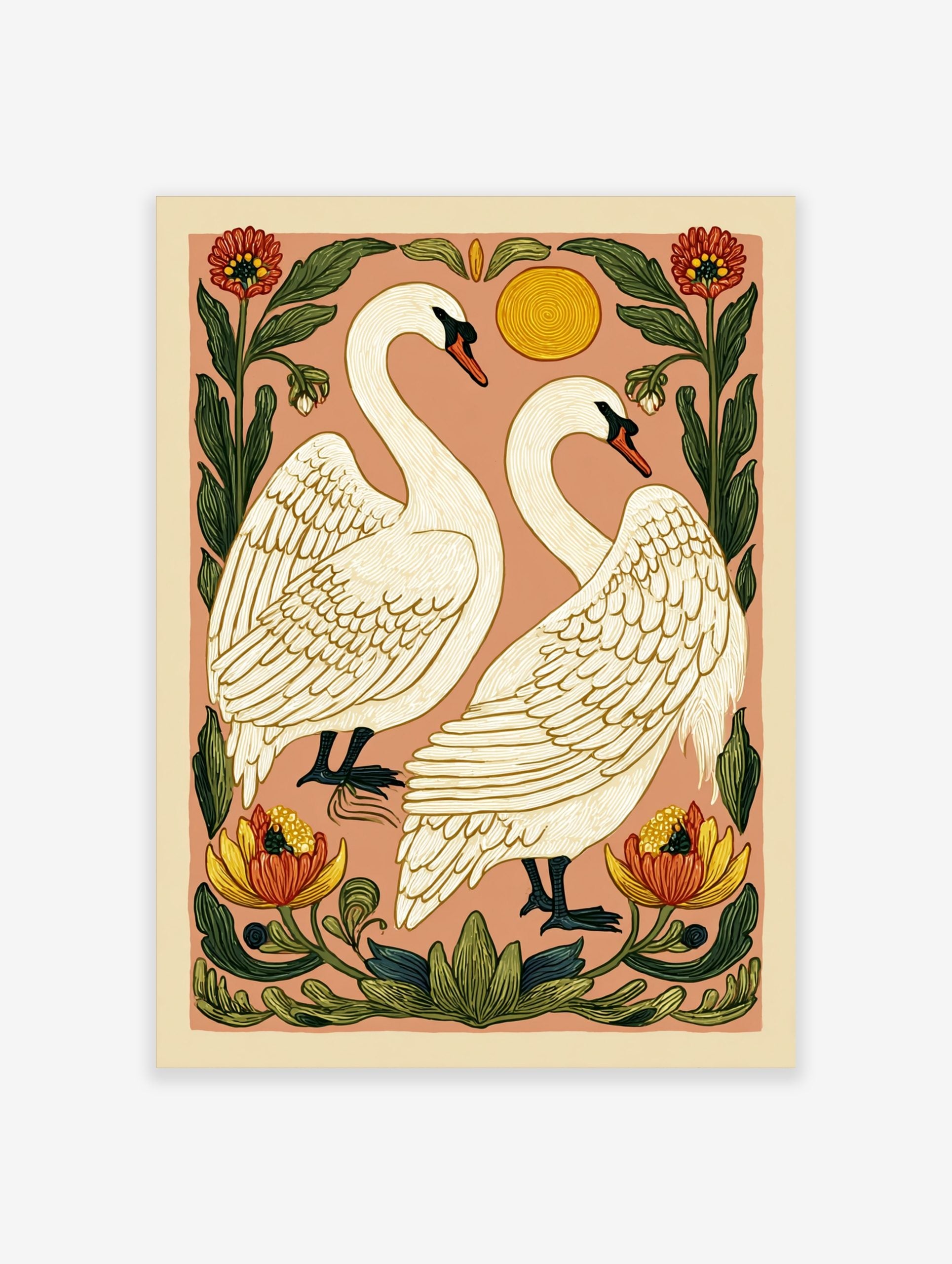 Illustrative art print of two white swans facing each other, surrounded by red and yellow flowers and green leaves on a