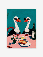 Painterly wall art of two swans in sunglasses at a pink dining table with wine, cheese, and flowers on a teal background
