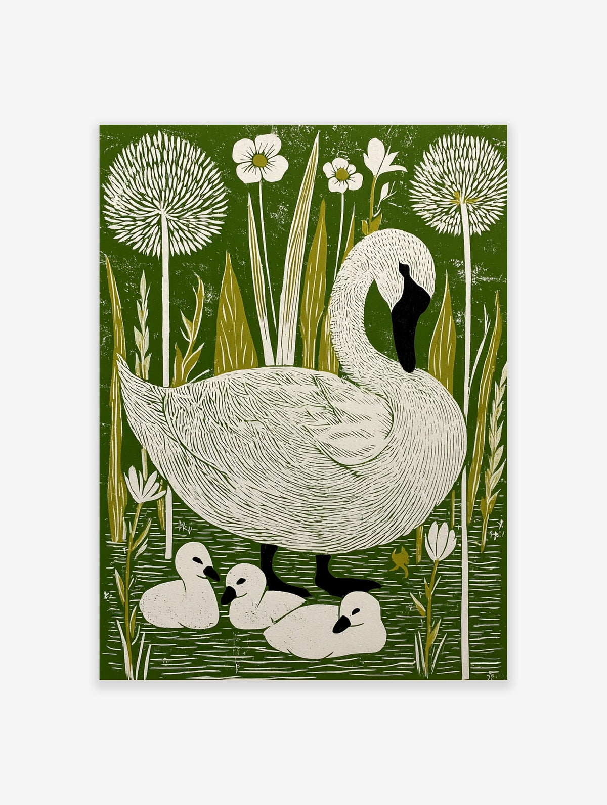 Illustrative linocut-style print of a white swan and three cygnets in a green pond with white flowers and reeds