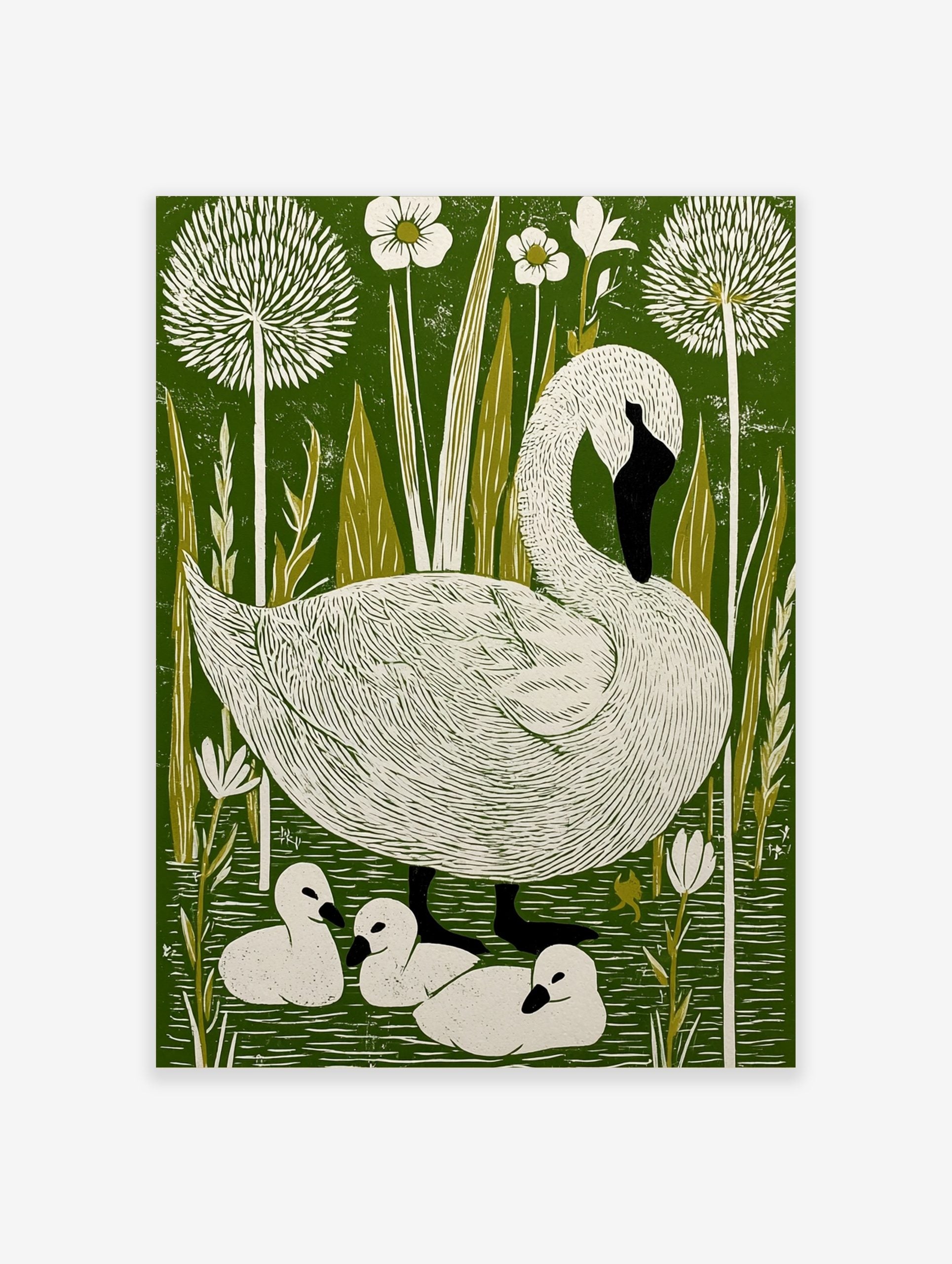 Illustrative print of a white swan and three cygnets in green water with tall reeds and white flowers