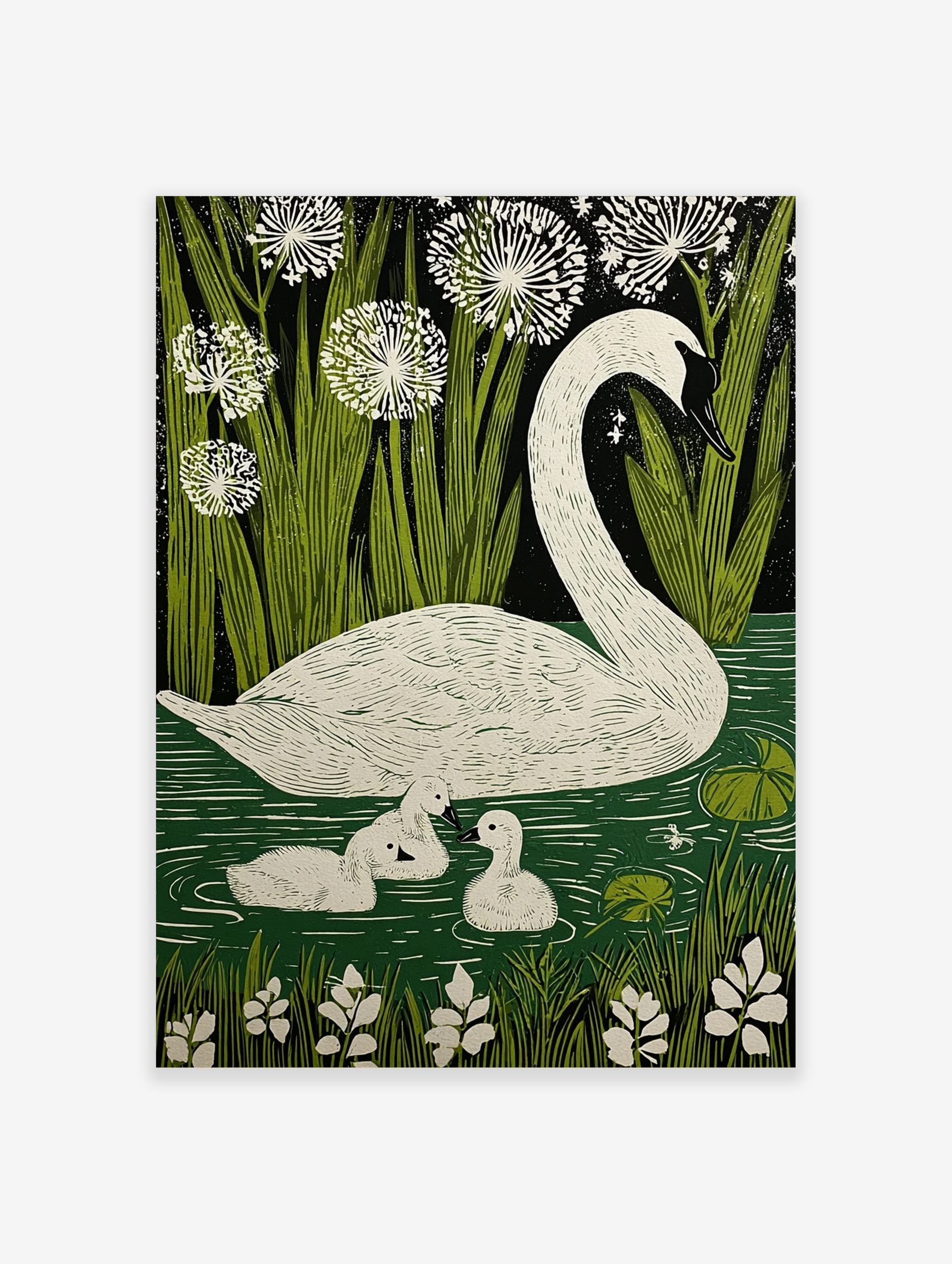 White swan and two cygnets swimming in green water with reeds and white flowers against a dark background
