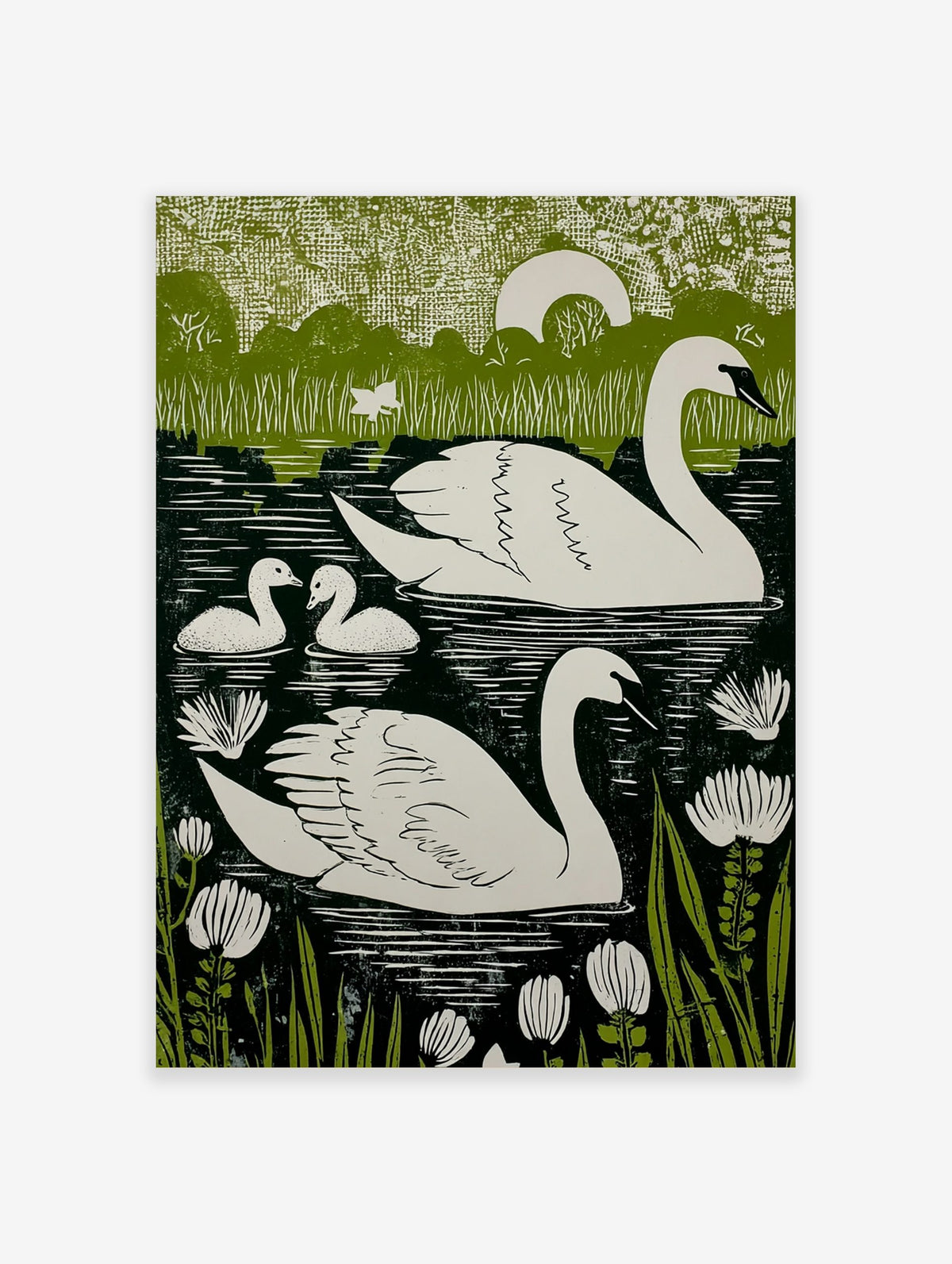 Green and white linocut-style print of two swans and two cygnets swimming in a lake with water lilies