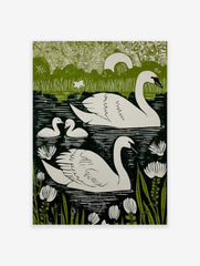 Green and white linocut-style print of two swans and two cygnets swimming in a lake with water lilies