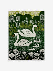 Illustrative print of two white swans and five cygnets on a dark green lake with white flowers and green foliage