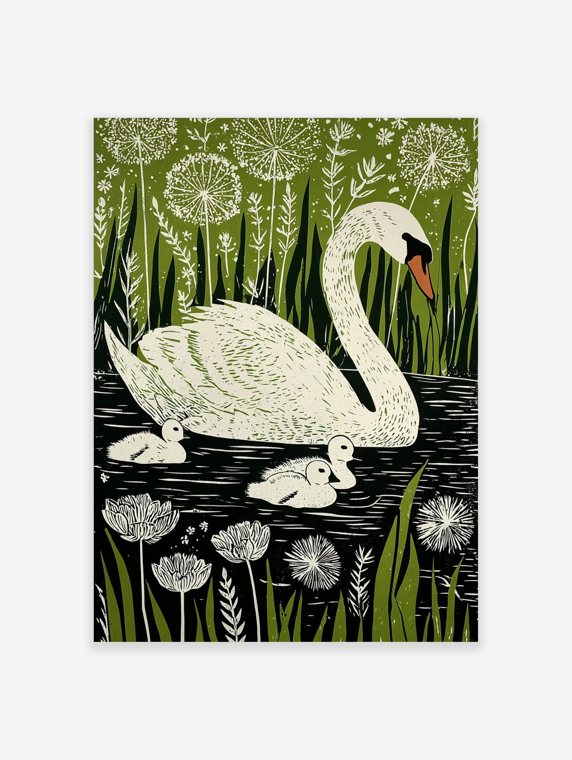 Illustrative print of a white mother swan and three cygnets in dark water, surrounded by green reeds and white dandelion