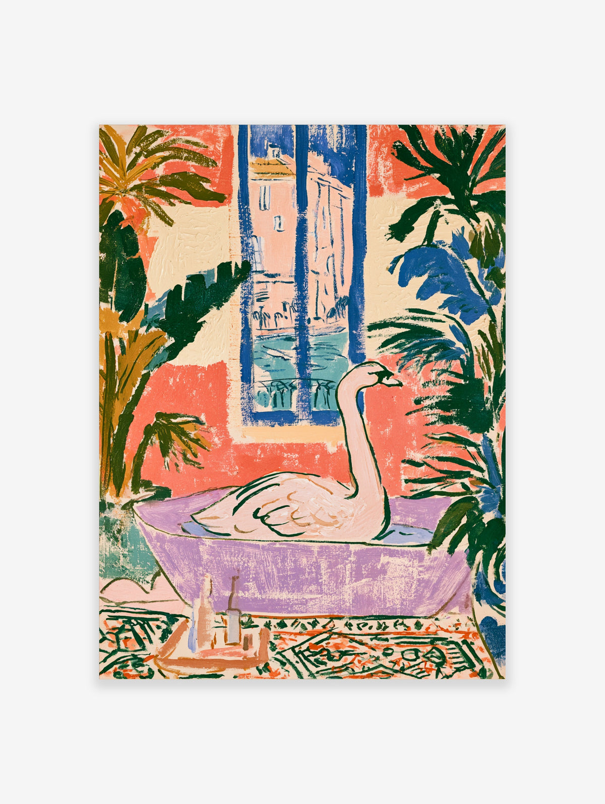 Swan in a purple bathtub with botanical leaves and a blue window, colourful wall art print