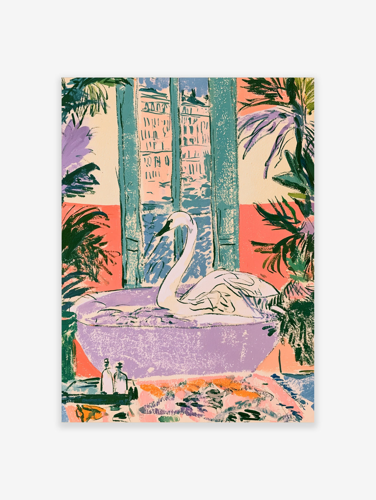 Swan in a lilac bathtub with teal shutters, coral walls, and tropical plants, colourful interior art print