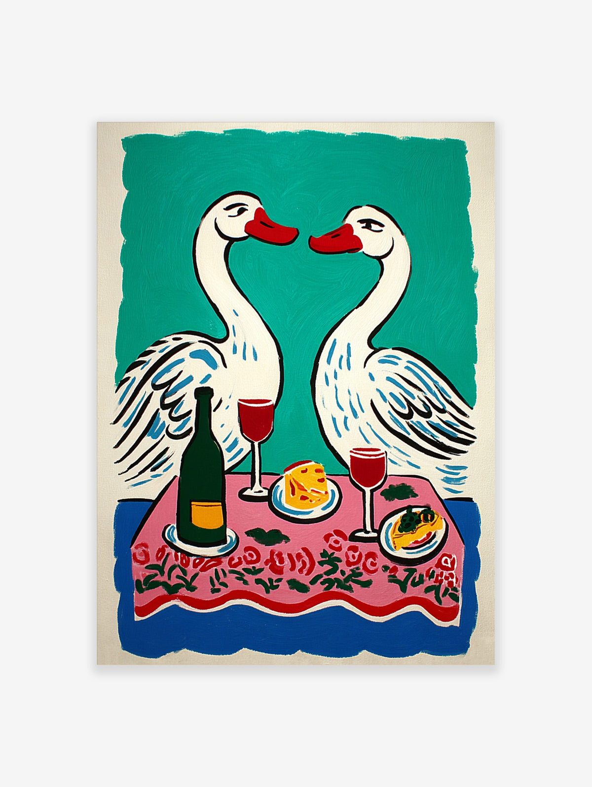 Illustrative print of two white swans with red beaks over a pink floral dinner table with wine and food