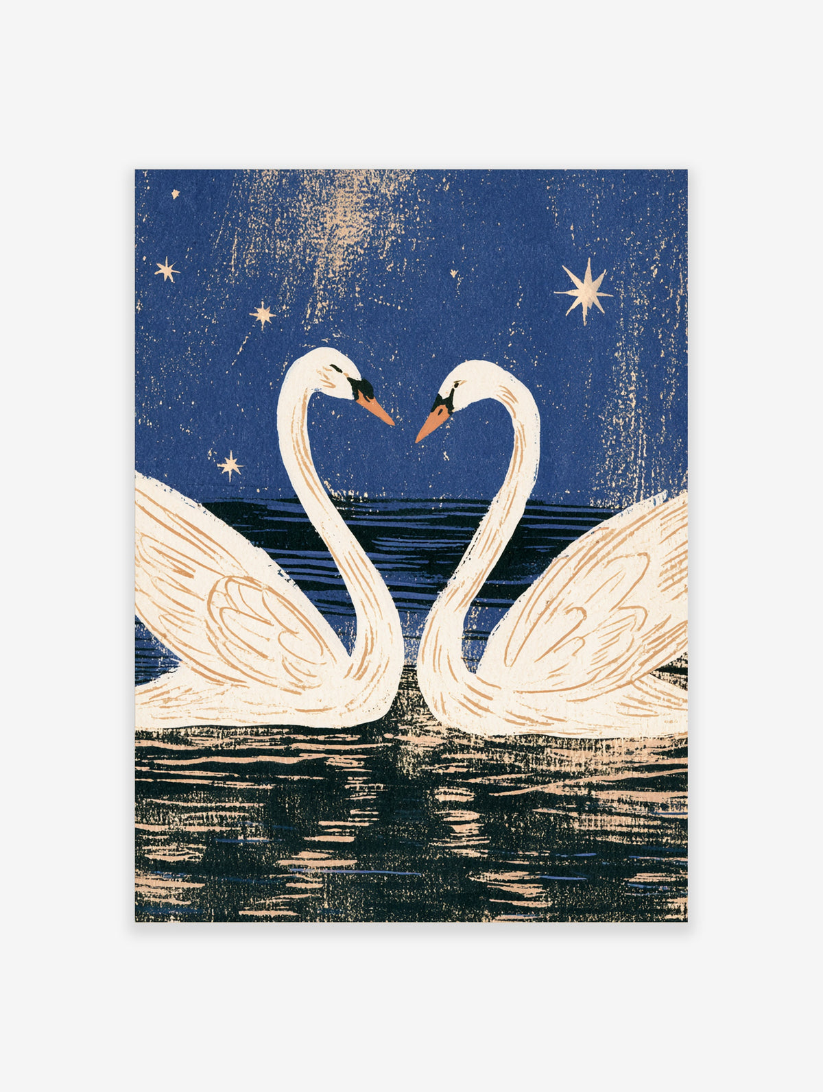 Two white swans forming a heart shape on dark blue water under a starry night sky, swan poster