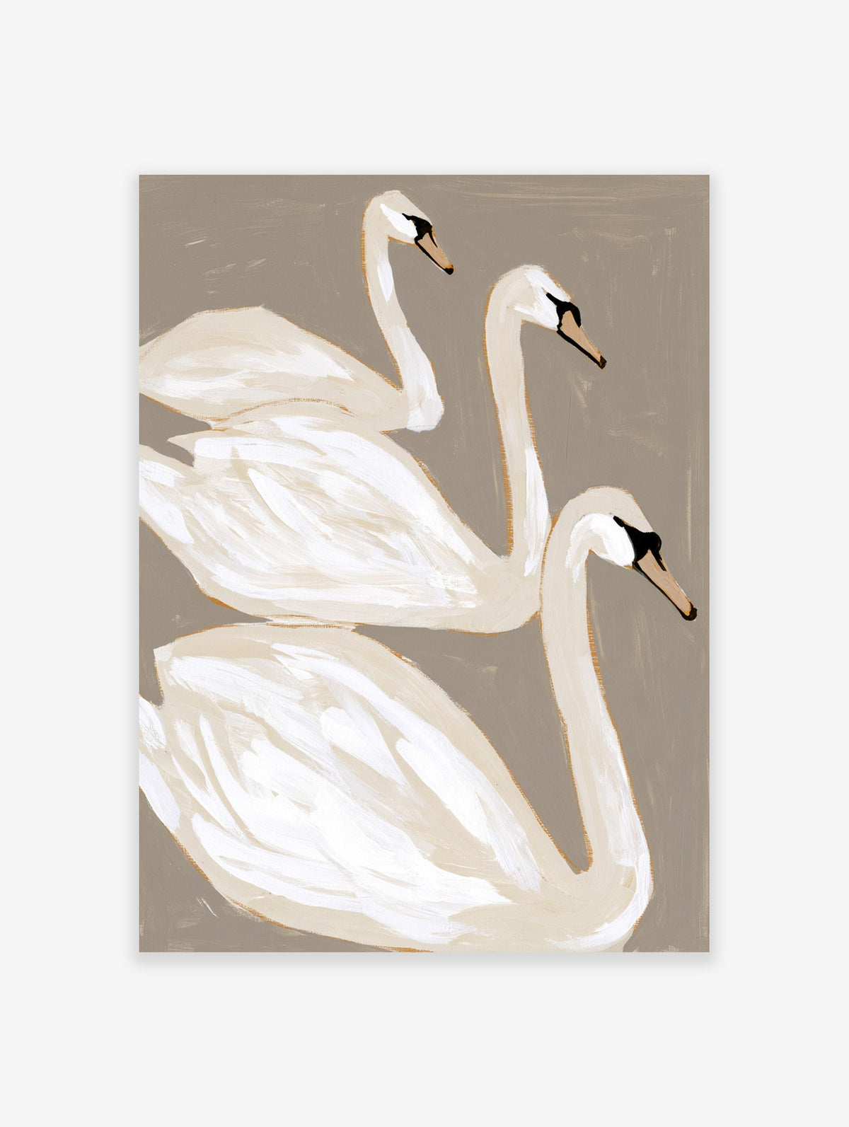 Three white swans in a minimalist illustrative style on a neutral taupe background, bird wall art print
