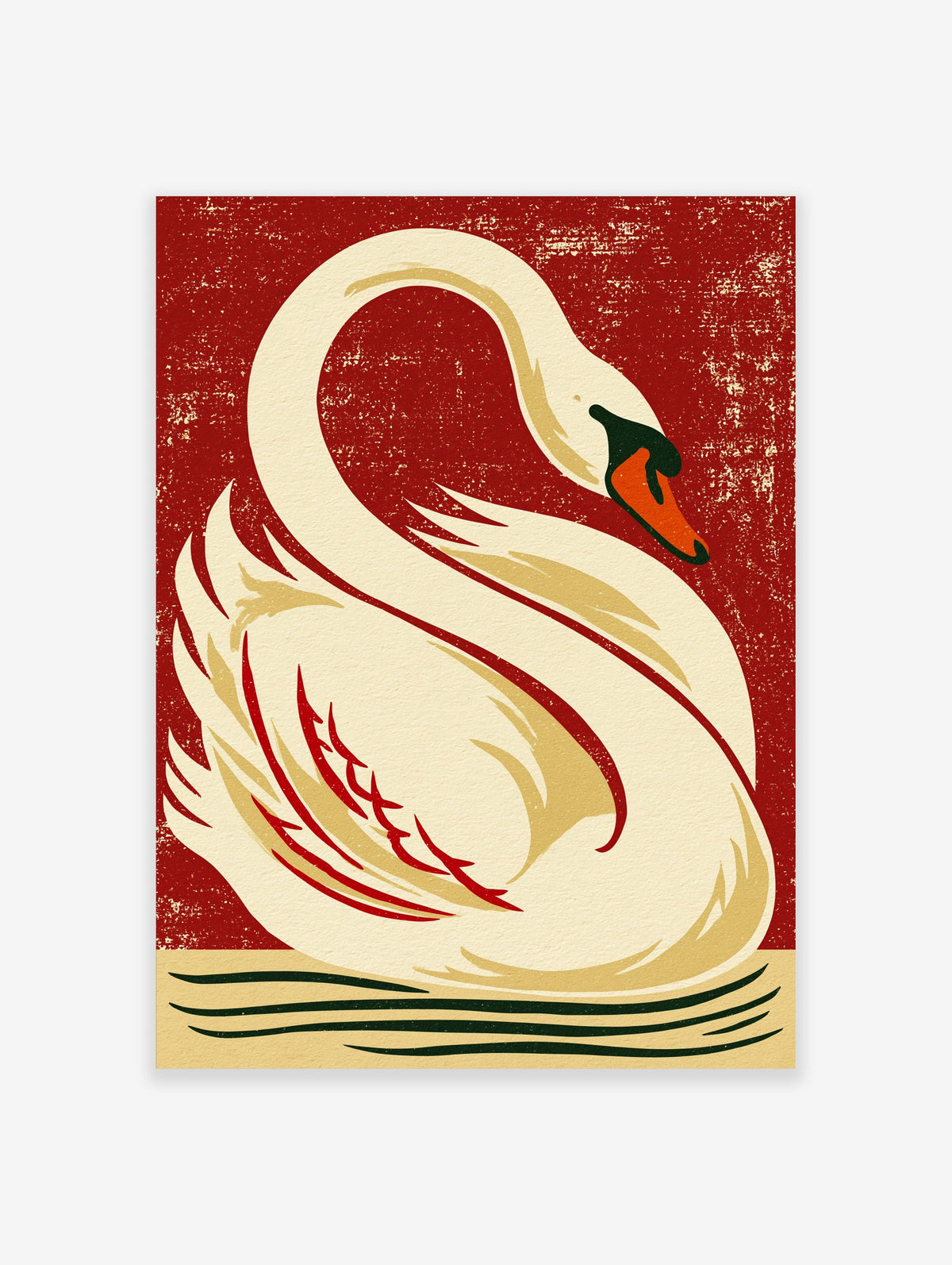 Vintage swan art print with curved white bird, orange beak, and red textured background