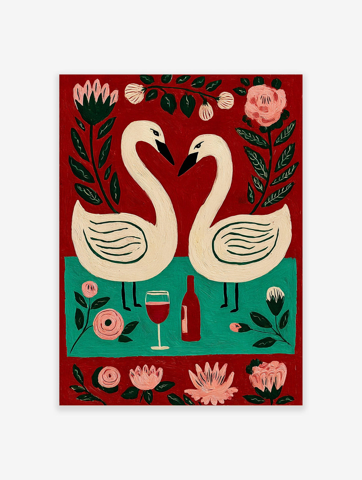Folk art painting of two white swans forming a heart, red wine bottle, glass, and pink flowers on red and teal background