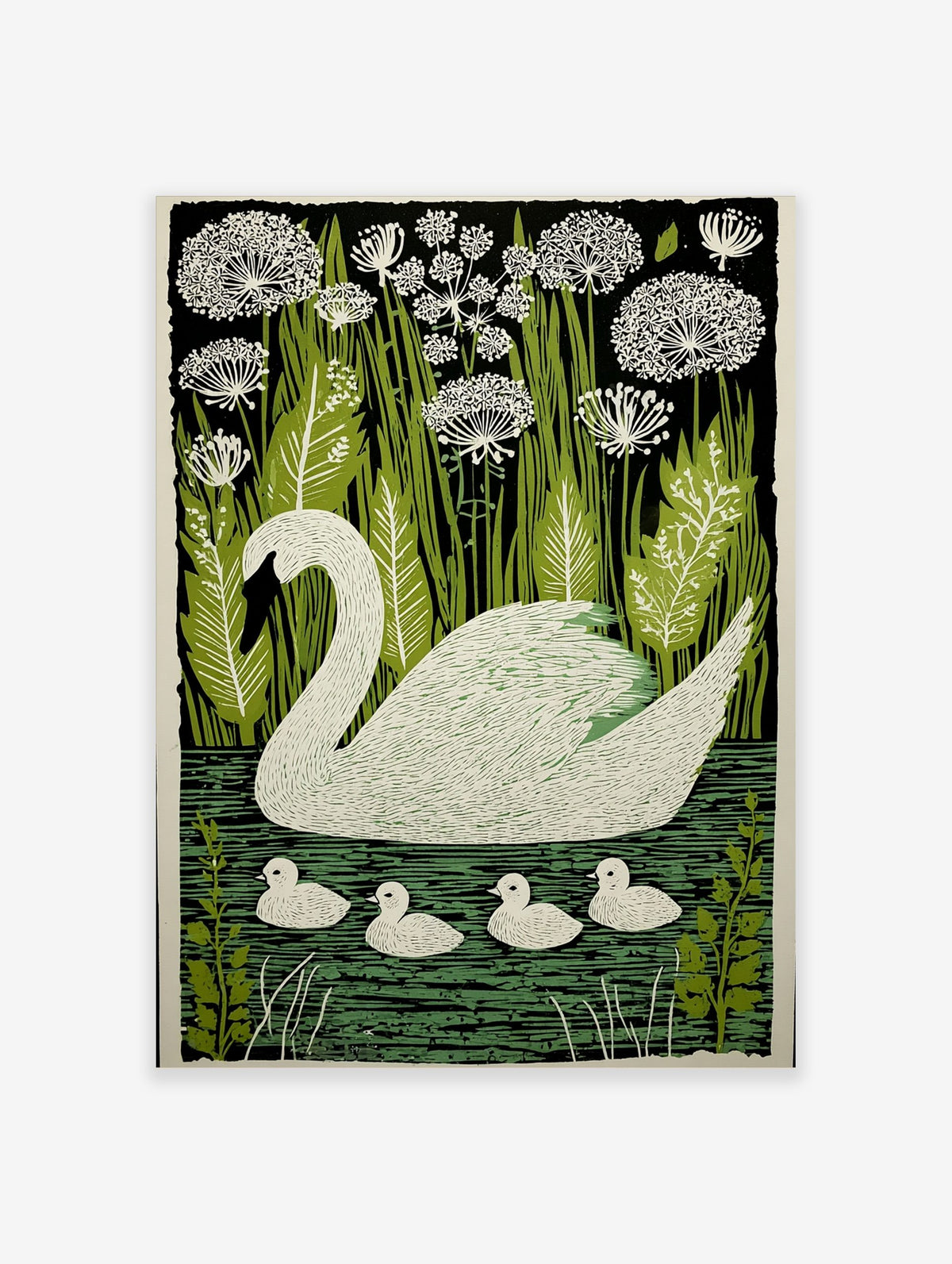 White swan with four cygnets swimming on green water, surrounded by green reeds and white flowers