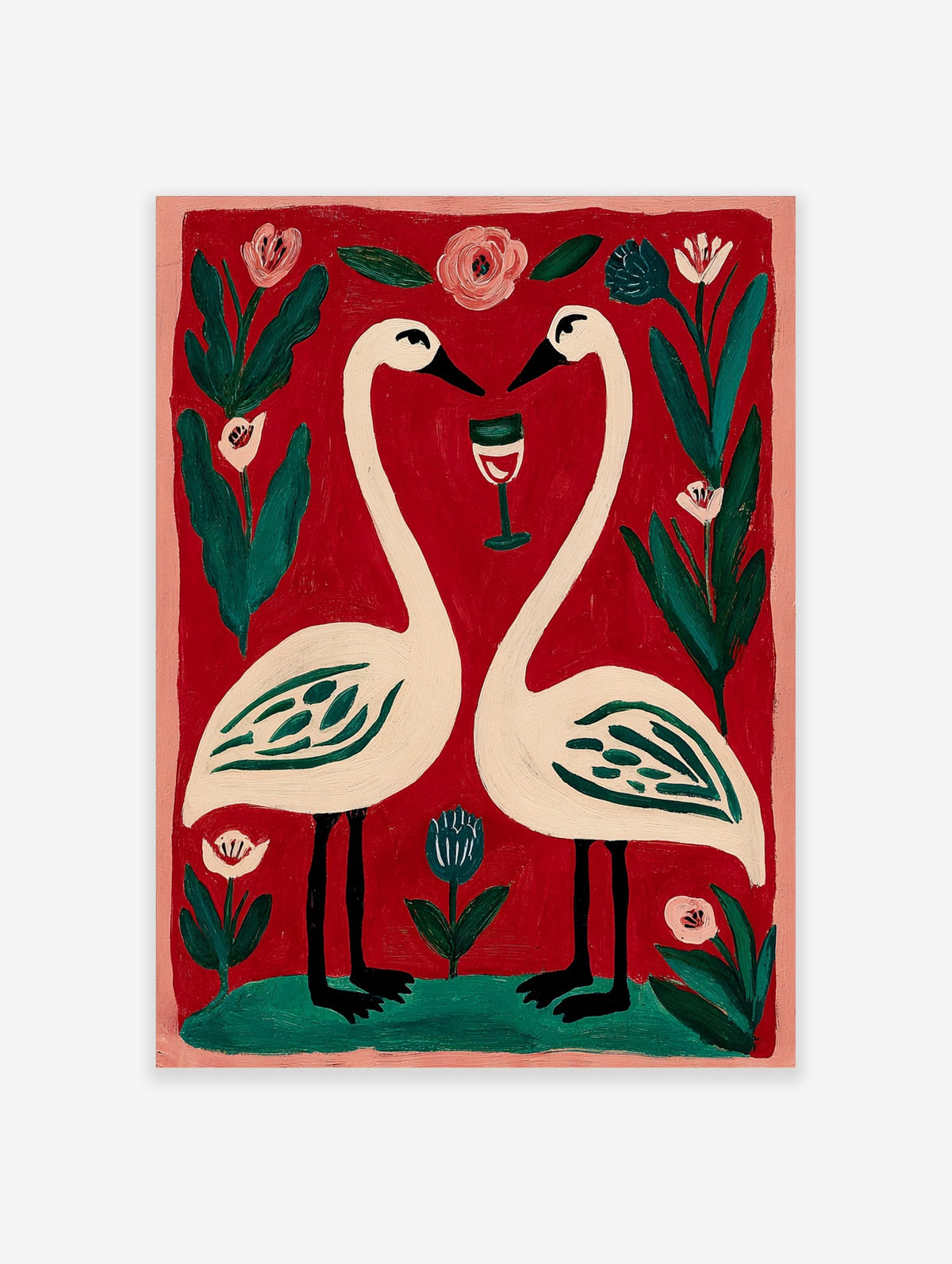 Illustrative print of two white swans forming a heart, with a wine glass, pink and blue flowers on red background