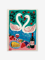 Illustrative art print of two white swans forming a heart, a blue lake, red flowers, and a picnic with wine and cake