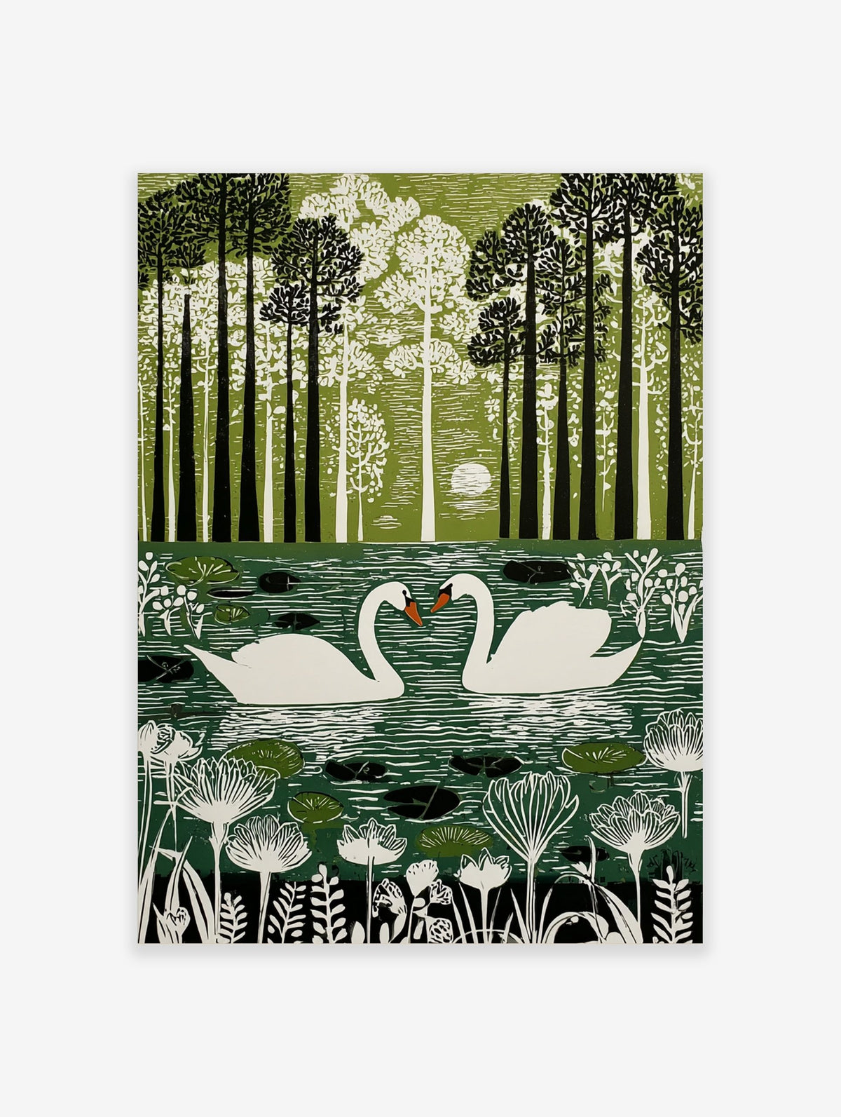 Illustrative green wall art print of two white swans on a pond surrounded by tall trees and foliage in a woodcut style
